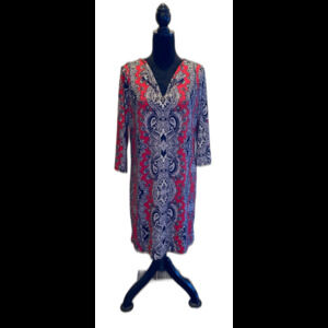 Nicole Miller Dress Size Large Red Black Paisley + Stretch V Neck 3/4 Sleeve